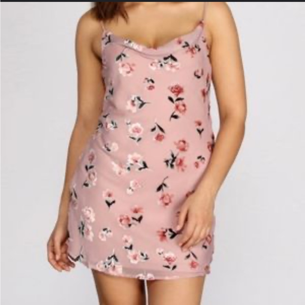 Here Comes The Sun Floral Mini Dress Pink Mesh Swoop Neck